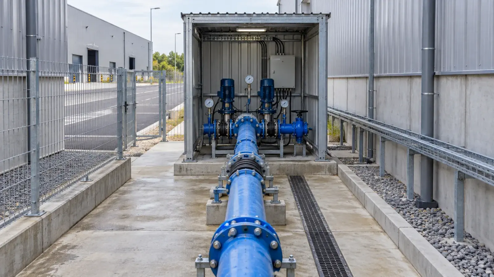 Shared water pipework and a pump enclosure between warehouses.