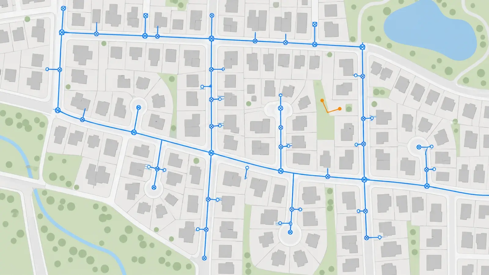 خريطة GIS توضيحية للشوارع وأنابيب المياه ونقاط الصمامات.
