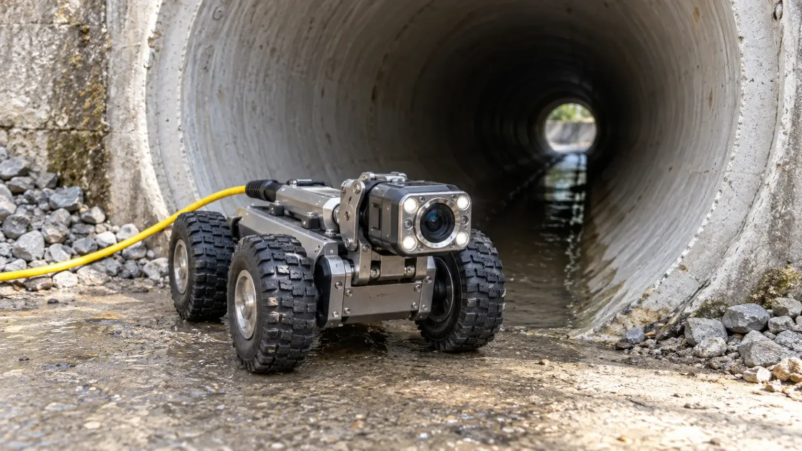 A sewer inspection camera crawler at a concrete pipe opening.