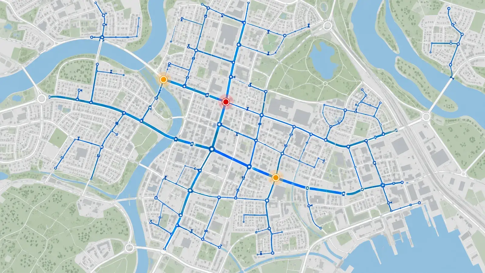 خريطة GIS توضيحية لشبكة مياه مع إبراز أصول مختارة.