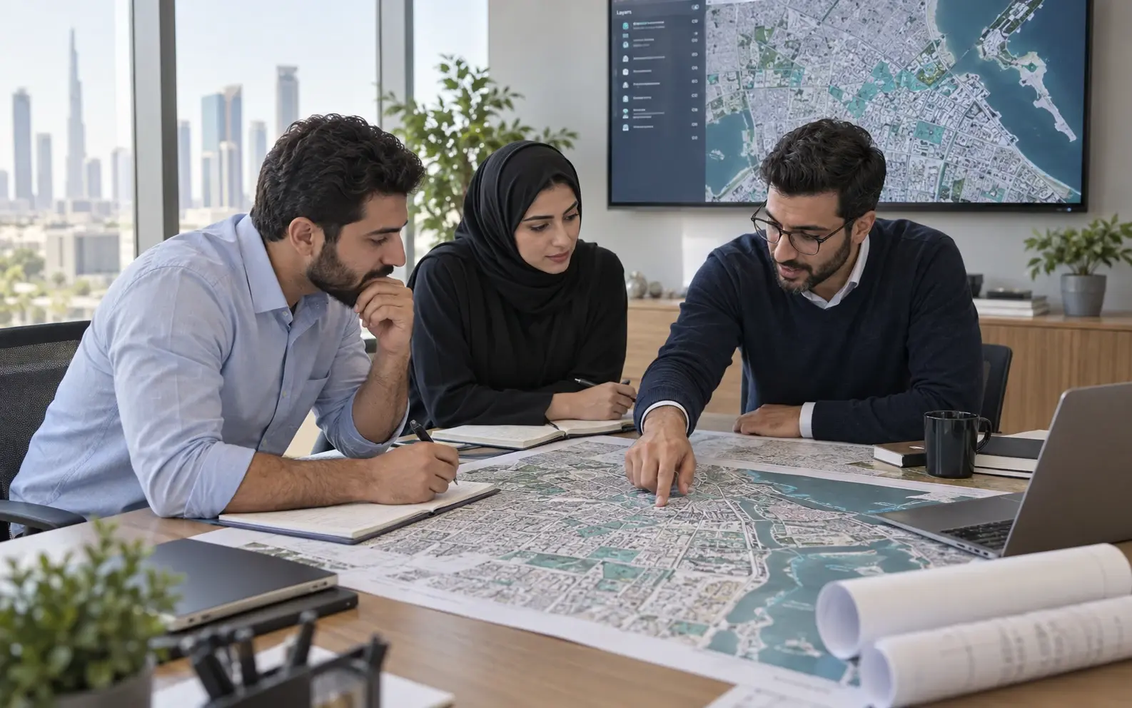 GIS specialists reviewing an urban map during a planning workshop