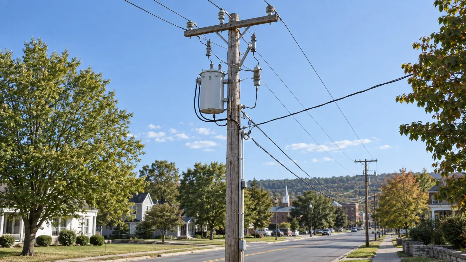 A distribution pole with transformer and insulators.