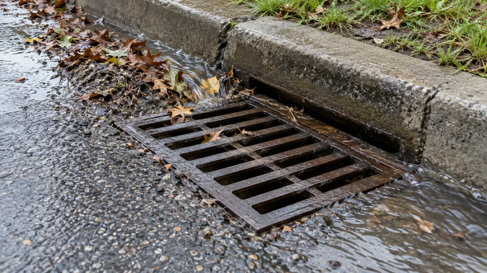 A stormwater grate with leaves and sediment beside a wet curb.