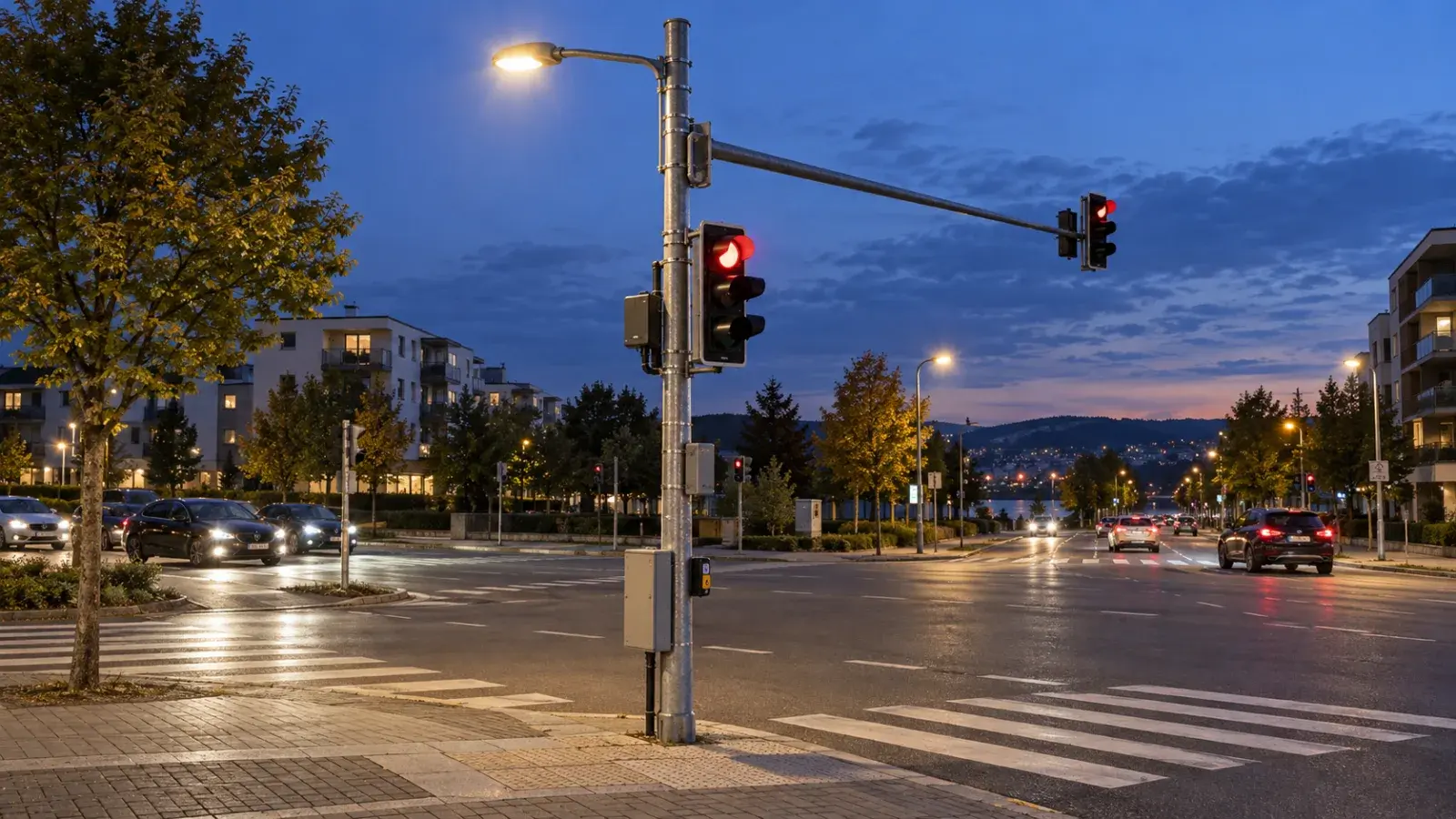Streetlight and traffic signal equipment at a municipal junction.