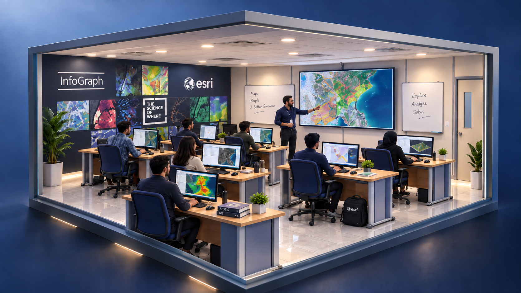 Illustration of a GIS classroom with an instructor and learners working with maps